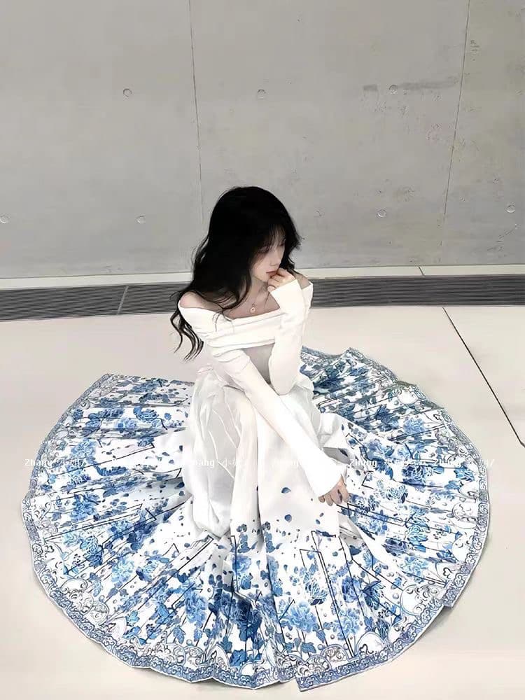 새로운 중식 국풍 화이트 Sansheng 모두 개선 한푸 말 얼굴 치마 세트 봄 여름 허리 수축 슬림해 보이는 반신 스커트 상세 이미지 5