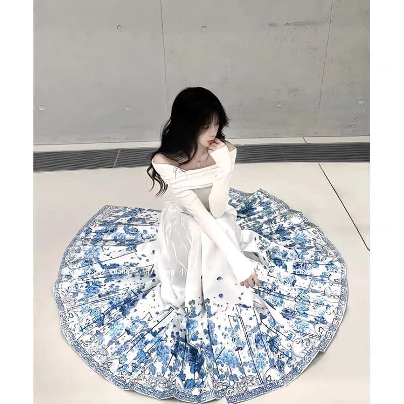 새로운 중식 국풍 화이트 Sansheng 모두 개선 한푸 말 얼굴 치마 세트 봄 여름 허리 수축 슬림해 보이는 반신 스커트 상세 이미지 10