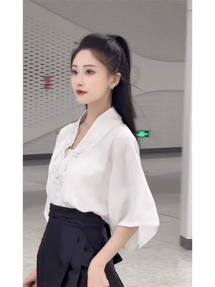 국풍 개선 한푸 말 얼굴 치마 여성복 2026 새로운 여름 얇은 스타일 작은 키 일상 출퇴근 반신 스커트 상세 이미지 1
