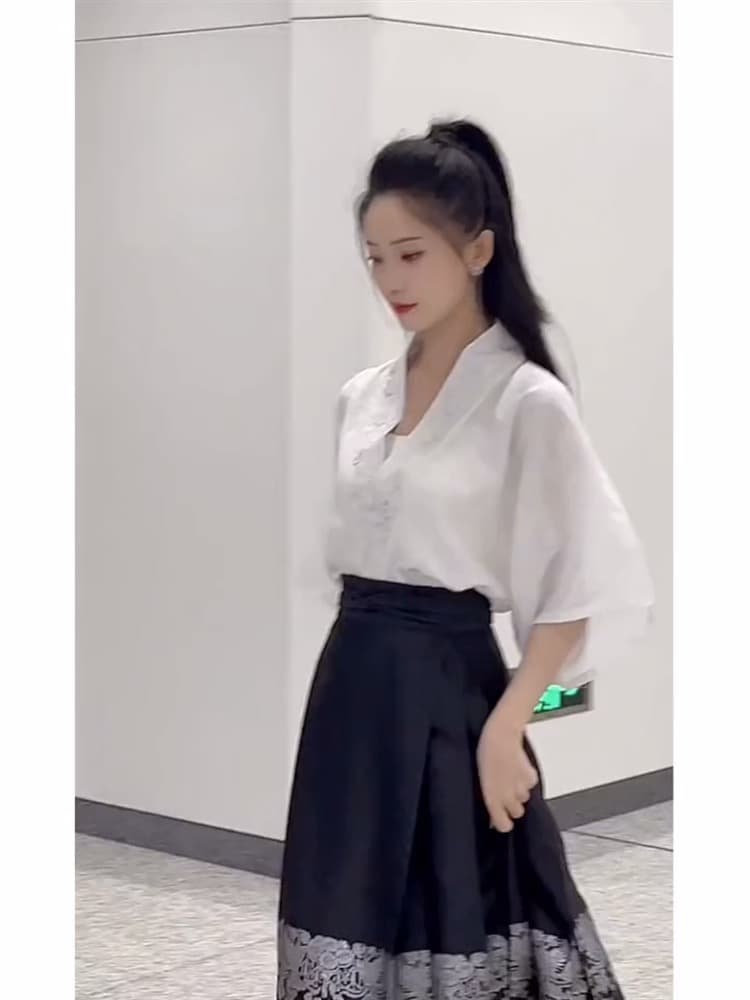 국풍 개선 한푸 말 얼굴 치마 여성복 2026 새로운 여름 얇은 스타일 작은 키 일상 출퇴근 반신 스커트 상세 이미지 9
