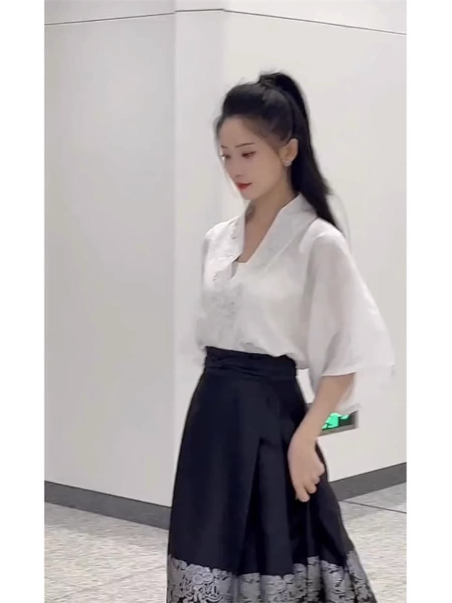 국풍 개선 한푸 말 얼굴 치마 여성복 2026 새로운 여름 얇은 스타일 작은 키 일상 출퇴근 반신 스커트 상세 이미지 15