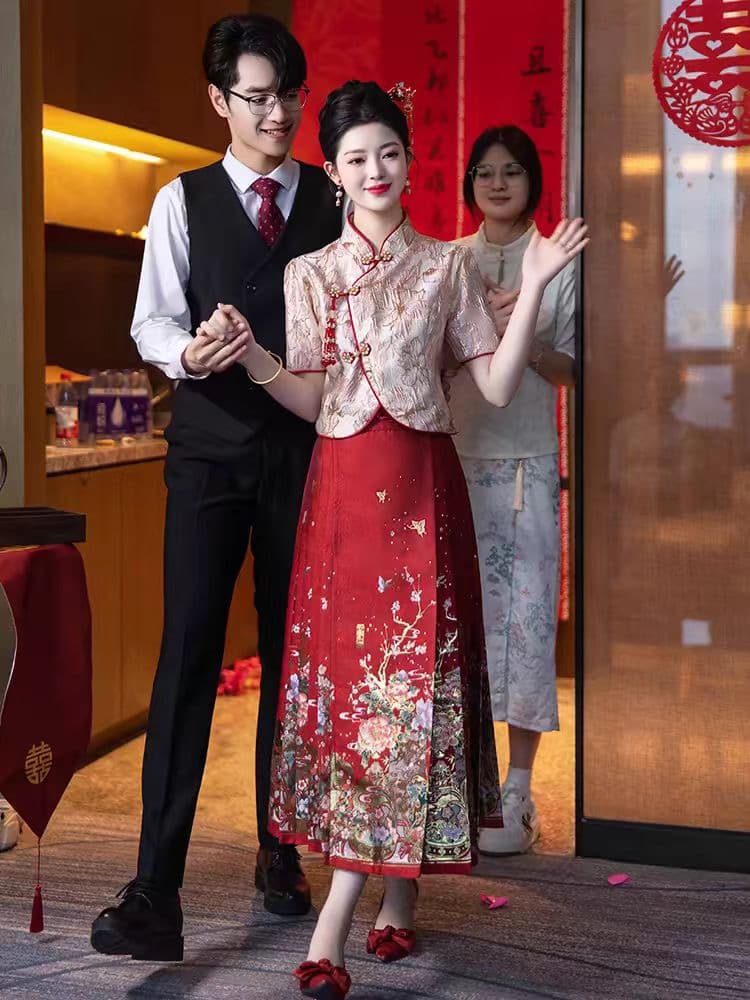 와인 레드 말 얼굴 치마 세트 2026 새로운 토스트 서비스 신부 고급 센스 결혼 참여 예복 치마 작은 키 이미지 3