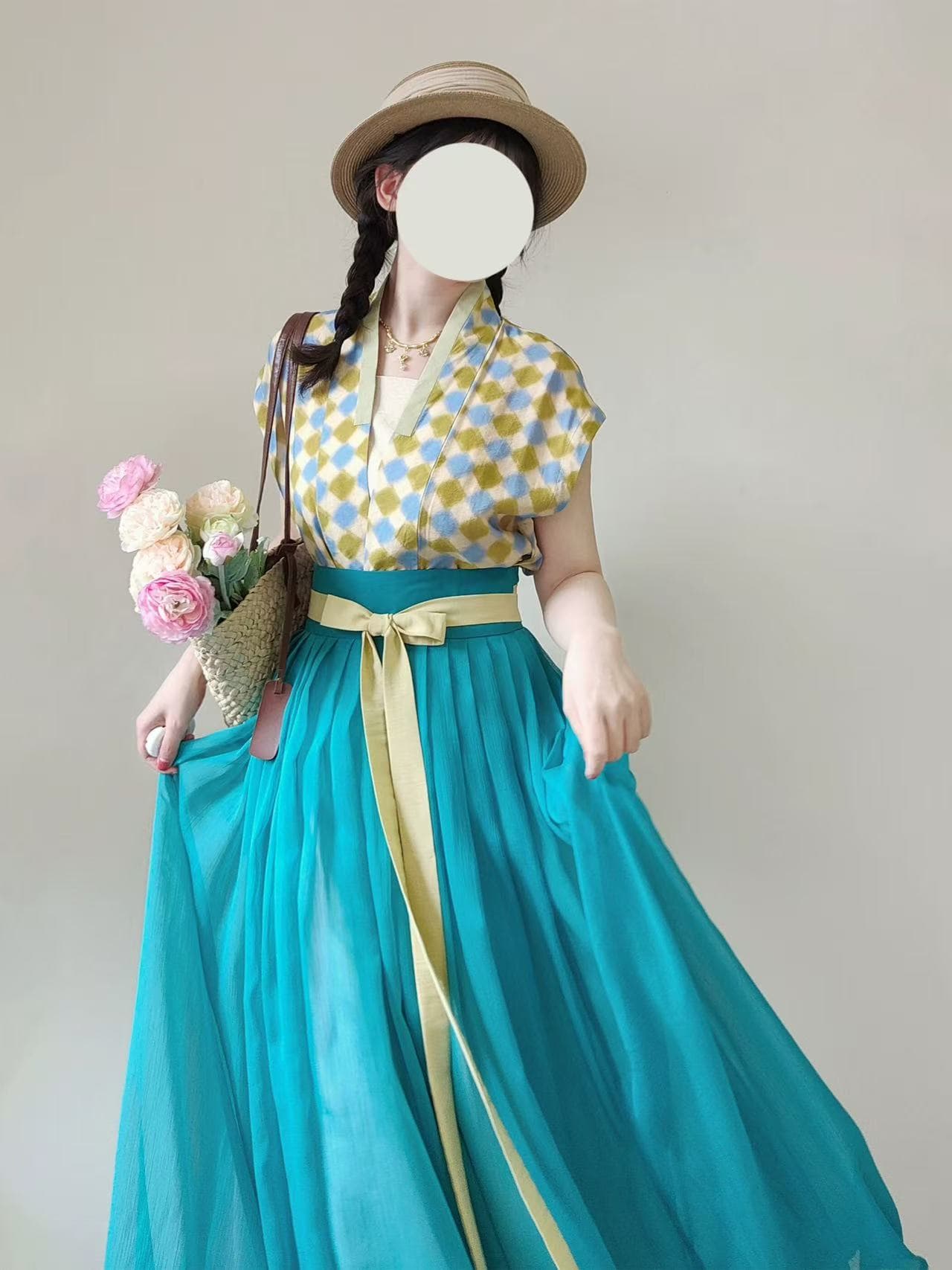 송 시스템 한푸 요소 송 조끼 하나 슬라이스 허리 플리트 스커트 일상 여름 이미지 4
