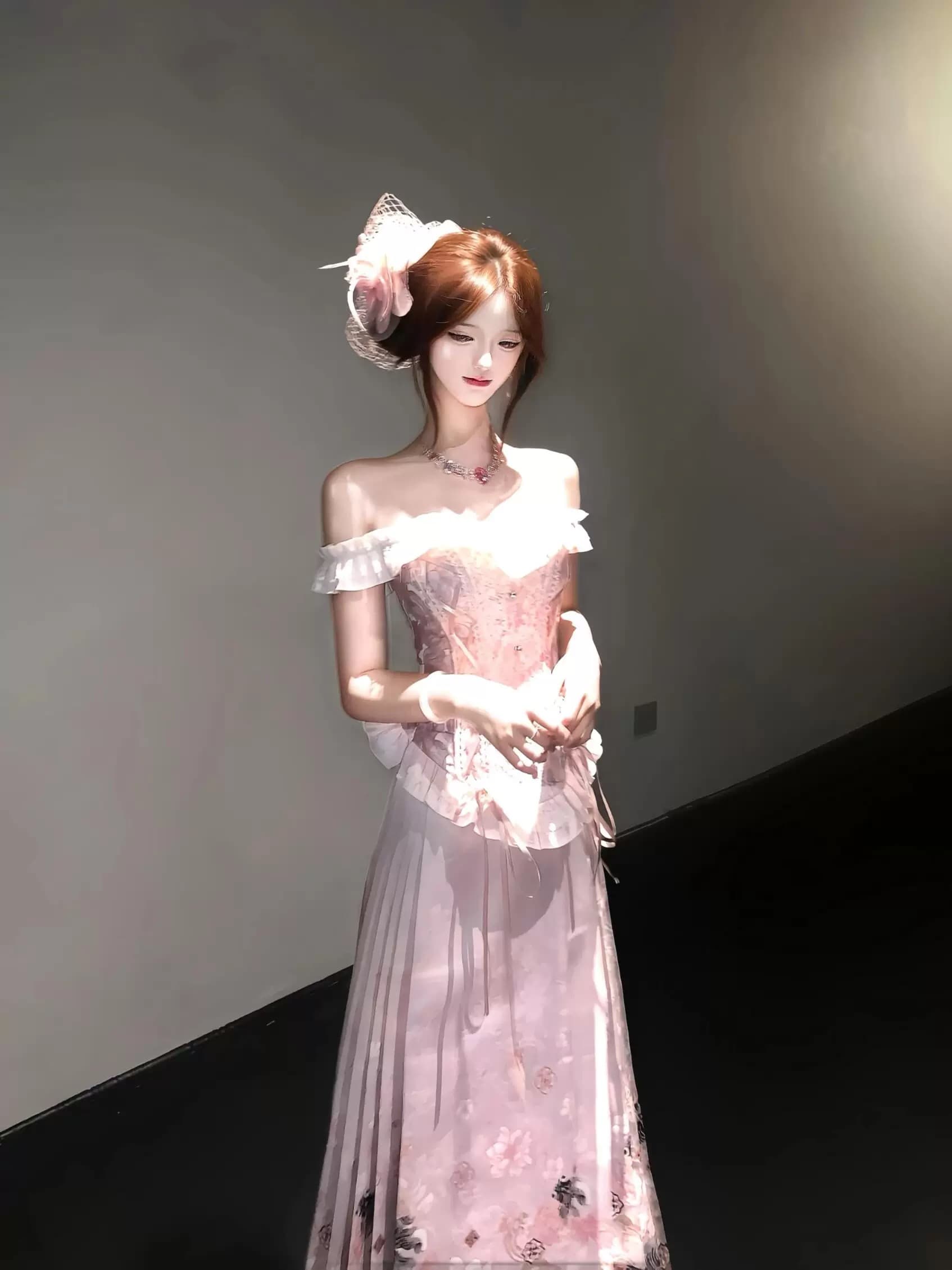 새로운 중식 한푸 핑크색 플리츠 말 얼굴 치마 투피스 슈트 여성 여름 국풍 성인 예복 생선뼈 튜브탑 의류 상세 이미지 1