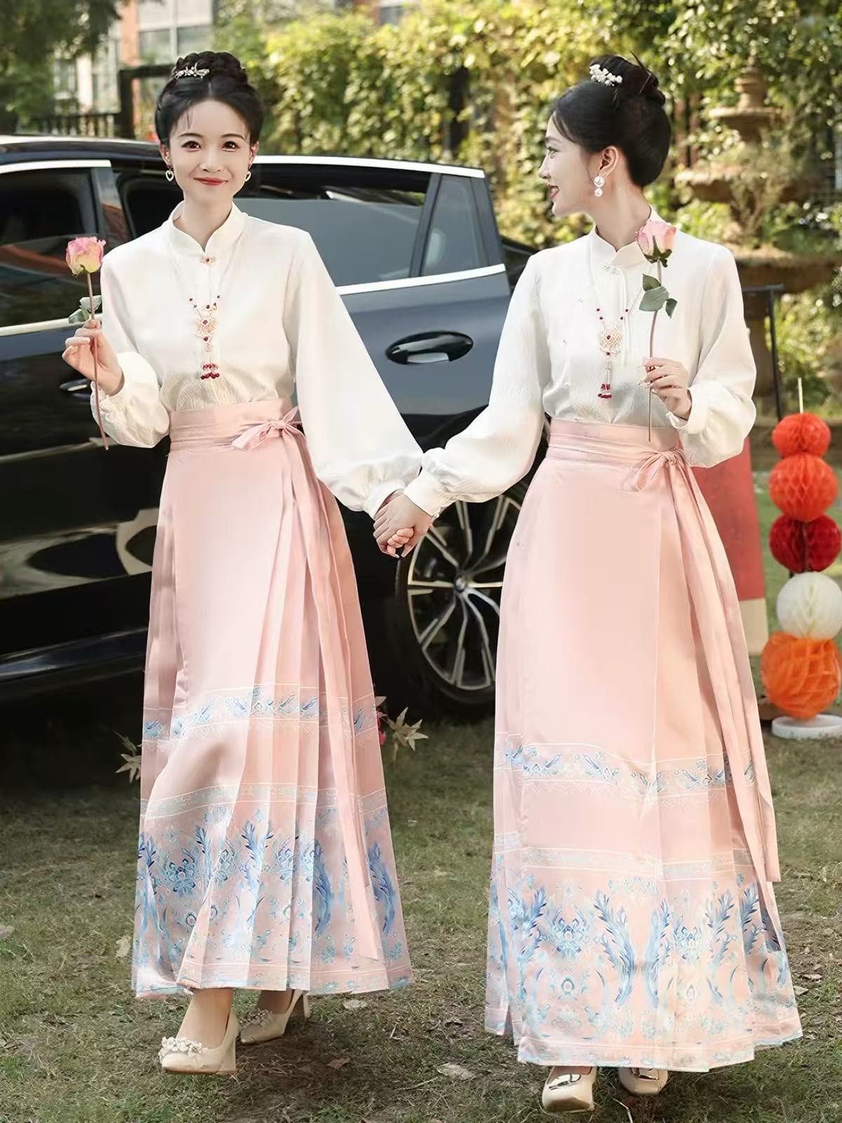 중식 치파오 신부 들러리 서비스 여성 2026 새로운 봄 여름 작은 대중 고급 자매 사명 한푸 핑크색 말 얼굴 치마 세트