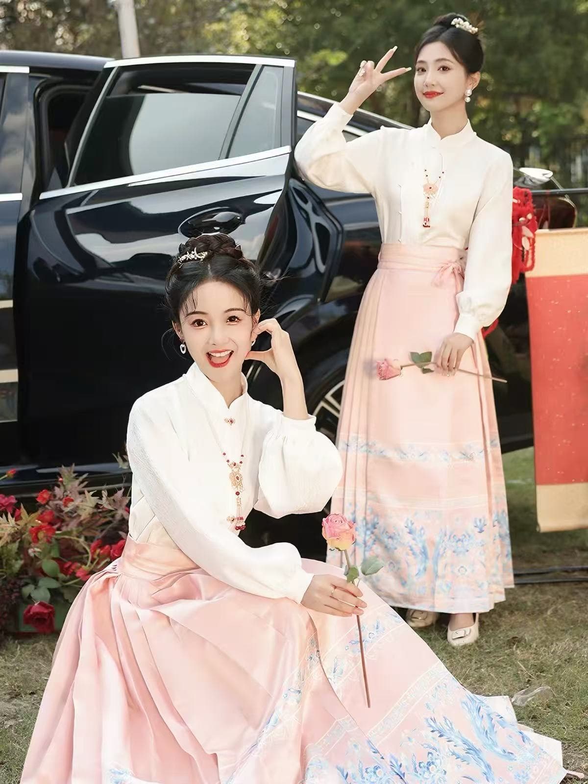 중식 치파오 신부 들러리 서비스 여성 2026 새로운 봄 여름 작은 대중 고급 자매 사명 한푸 핑크색 말 얼굴 치마 세트 이미지 2