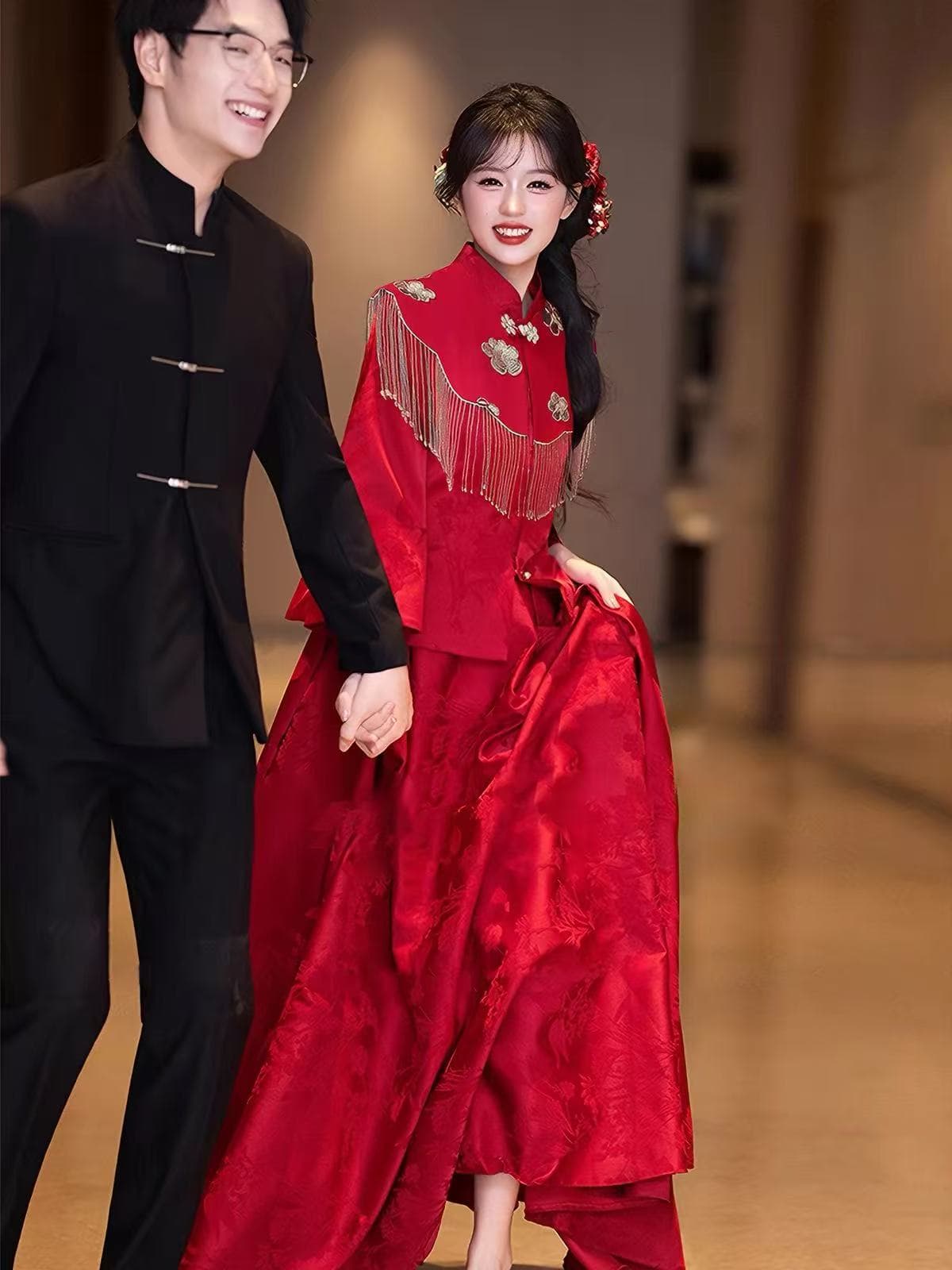 새로운 중식 구름 어깨 치파오 빨간색 임산부 토스트 서비스 신부 보여주기 와우 참여 예복 빅 사이즈 지방 mm 표지 배 캐주얼웨어 상세 이미지 2
