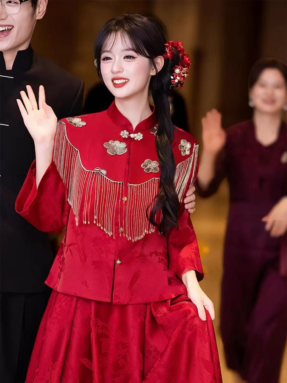 새로운 중식 구름 어깨 치파오 빨간색 임산부 토스트 서비스 신부 보여주기 와우 참여 예복 빅 사이즈 지방 mm 표지 배 캐주얼웨어 상세 이미지 3