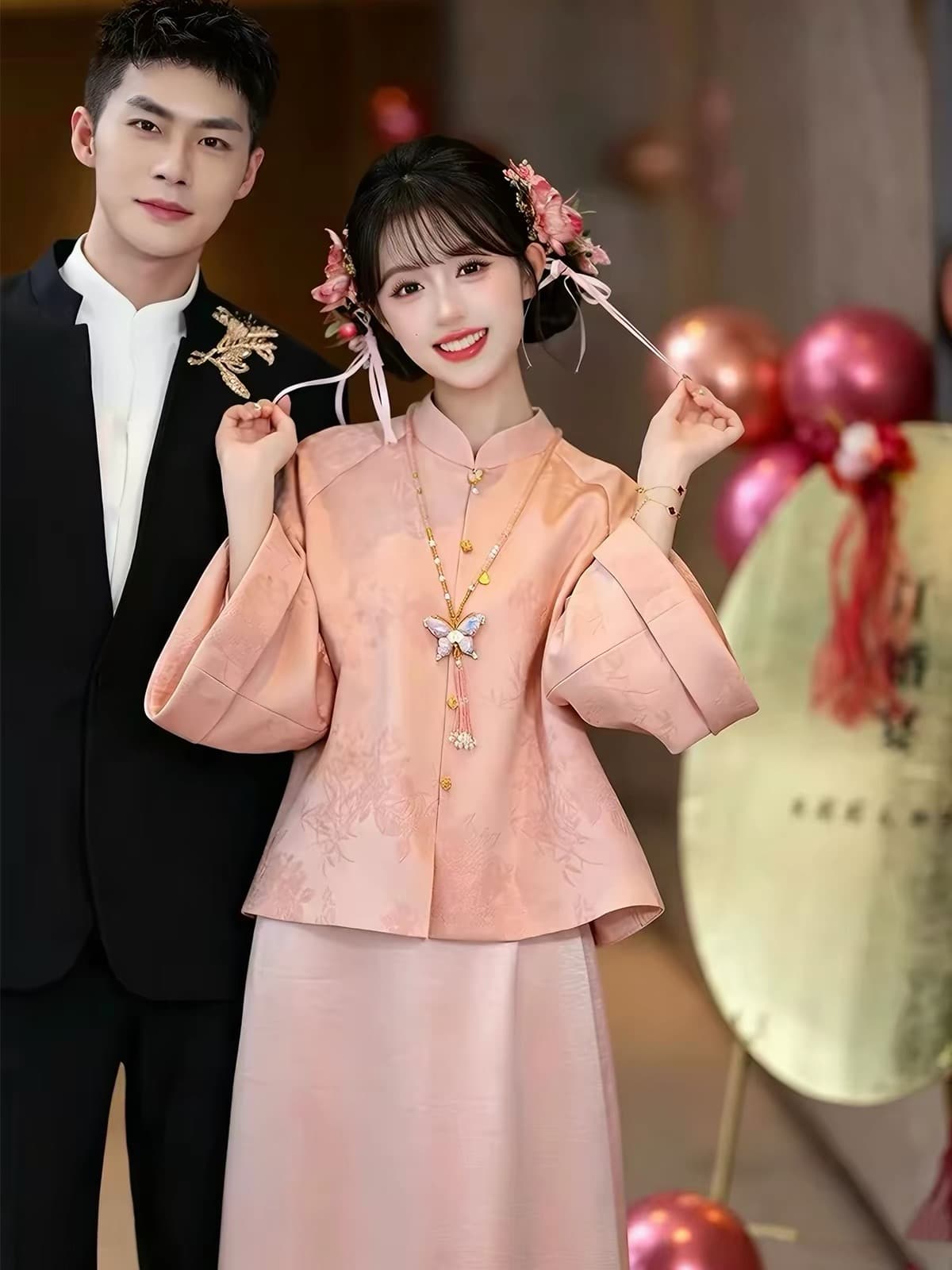 고급 핑크색 새로운 중식 참여 서비스 2026 년 새로운 신부 결혼 예복 토스트 서비스 세트