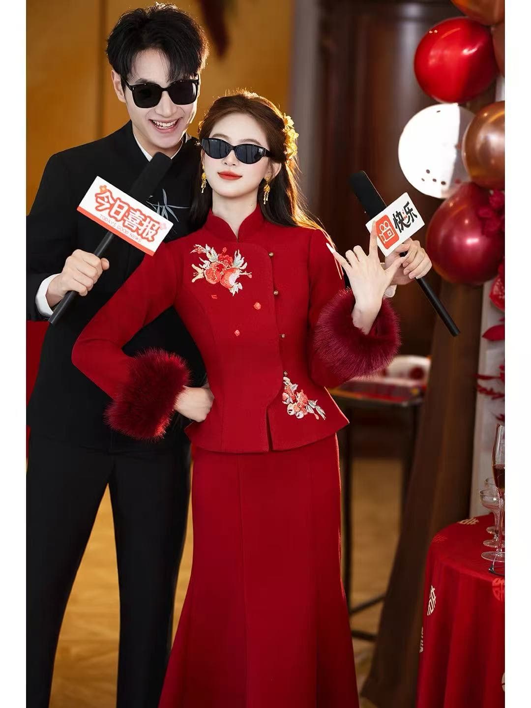 새로운 중식 토스트 서비스 신부 치파오 2026 새로운 와인 레드 아름다운 참여 예복 뒷문 고마워. 잔치 캐주얼웨어 이미지 2