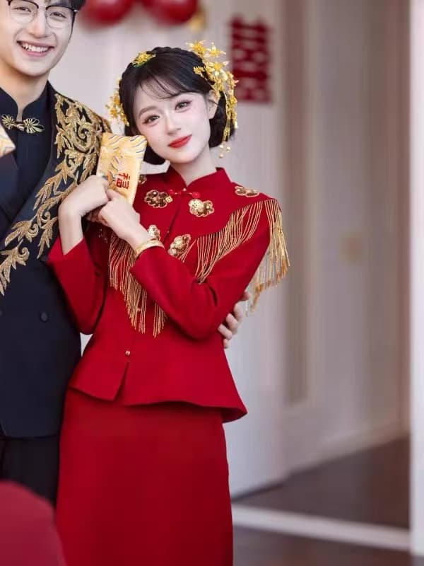 새로운 중식 토스트 서비스 신부 빨간색 긴팔 술 무거운 작업 고급 대기 참여 예복 치마 뒷문 고마워. 잔치 이미지 2