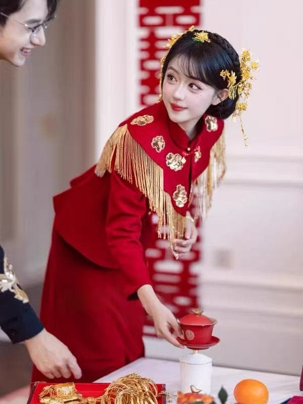 새로운 중식 토스트 서비스 신부 빨간색 긴팔 술 무거운 작업 고급 대기 참여 예복 치마 뒷문 고마워. 잔치 상세 이미지 3