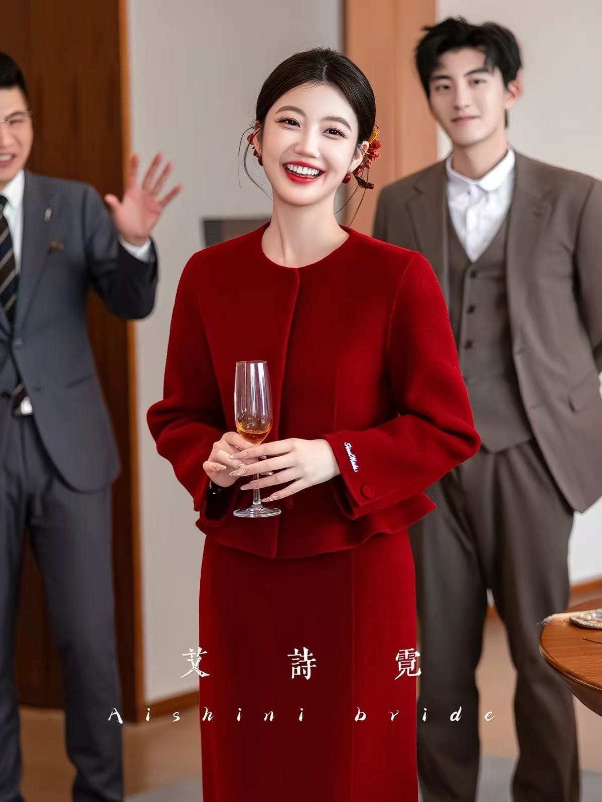 빨간색 양모 울 코트 가을 겨울 새로운 신부 결혼 토스트 서비스 참여 예복 이미지 2