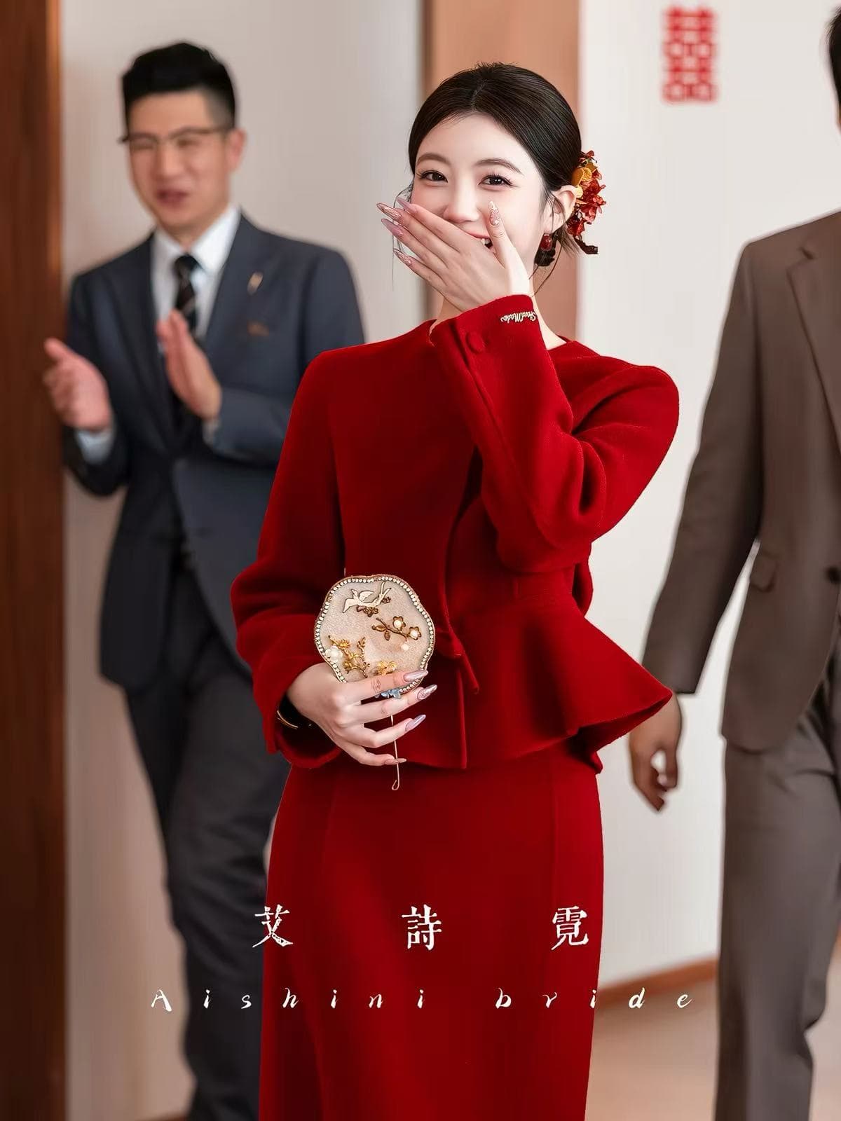 빨간색 양모 울 코트 가을 겨울 새로운 신부 결혼 토스트 서비스 참여 예복 이미지 3