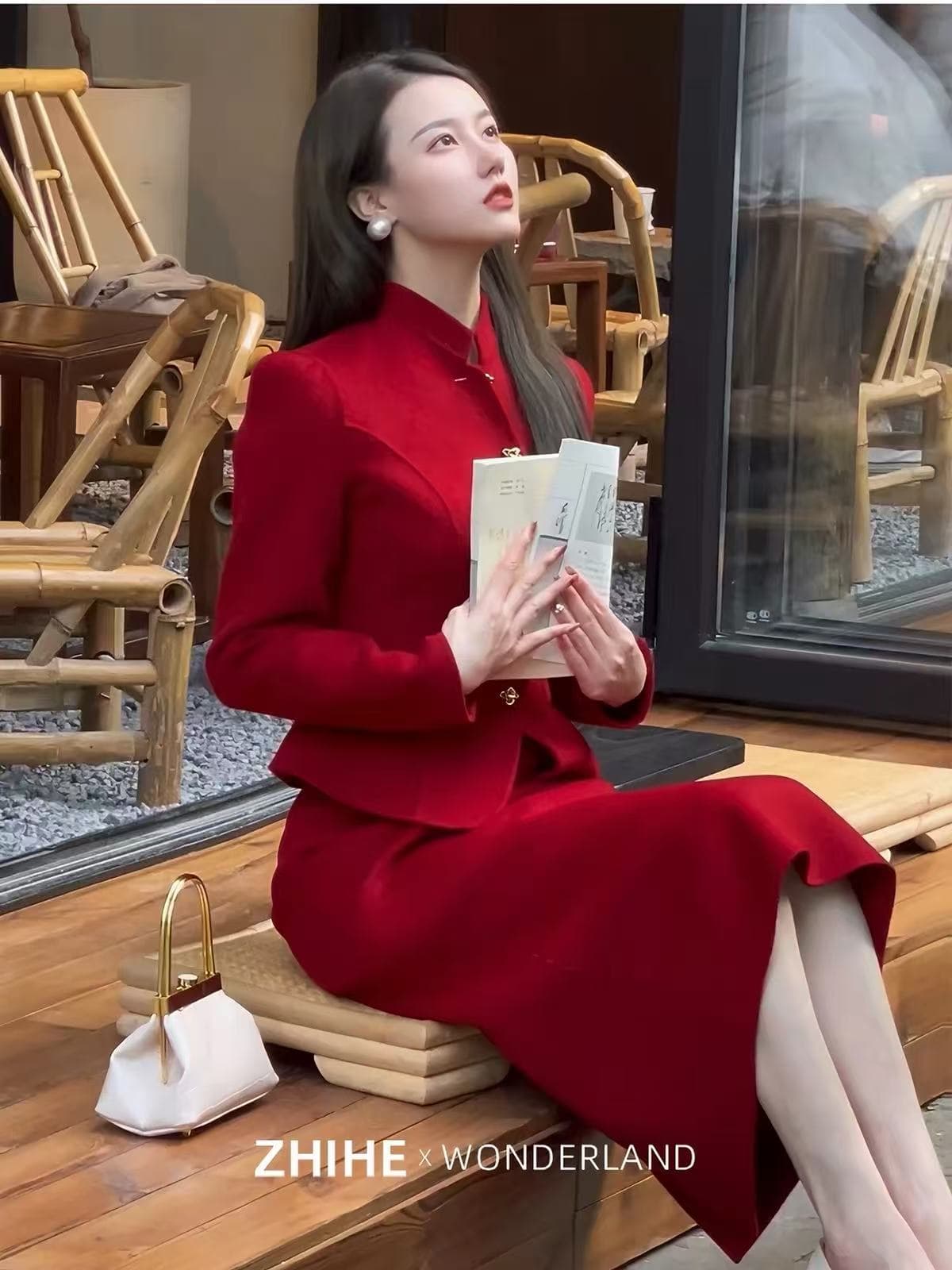 빨간색 토스트 서비스 참여 착용 가져 가라. 양면 양모 모직 작은 샤넬 스타일 세트 드레스 여성 이미지 2