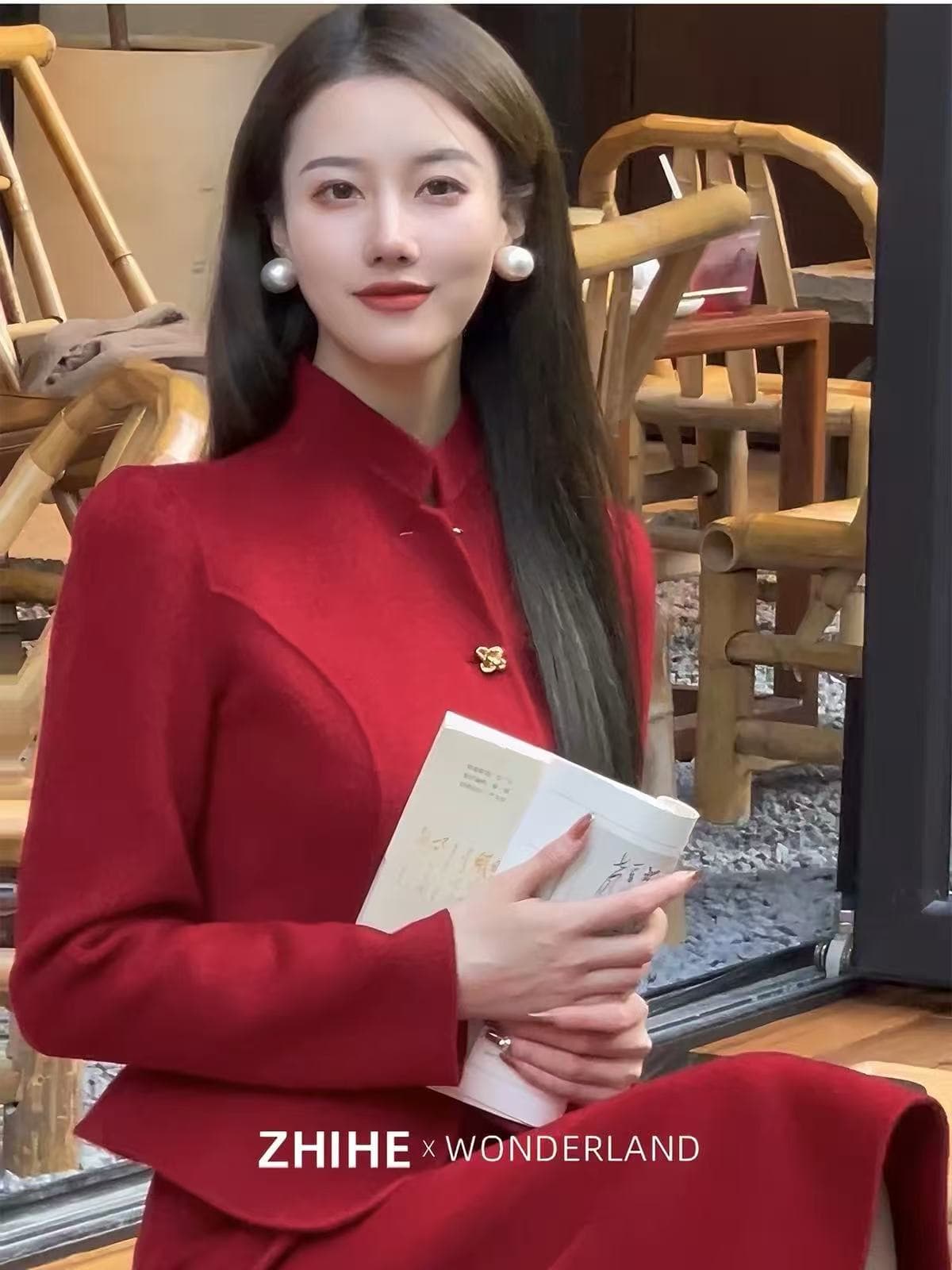 빨간색 토스트 서비스 참여 착용 가져 가라. 양면 양모 모직 작은 샤넬 스타일 세트 드레스 여성 상세 이미지 4