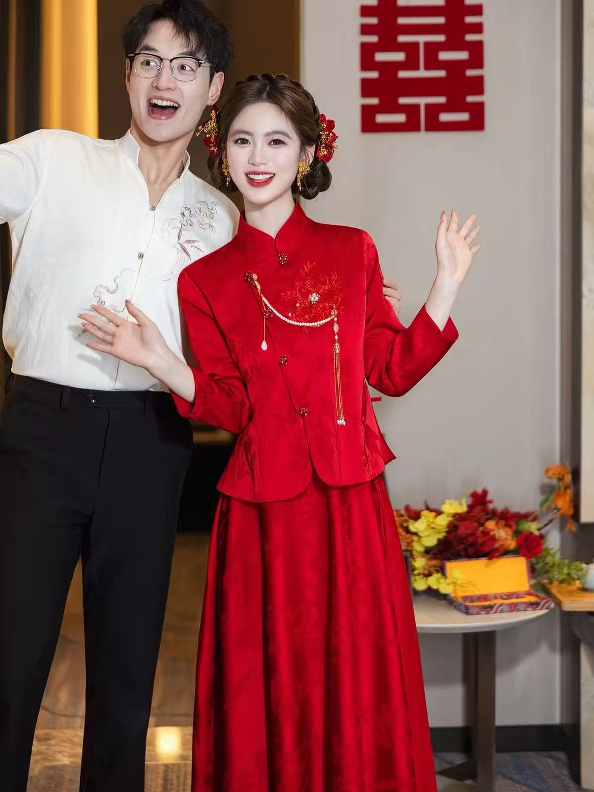 빨간색 임산부 치파오 토스트 서비스 빅 사이즈 지방 mm 표지 배 새로운 중식 참여 예복 안녕하세요. 결혼 보여주기 와우 신부 세트 이미지 3
