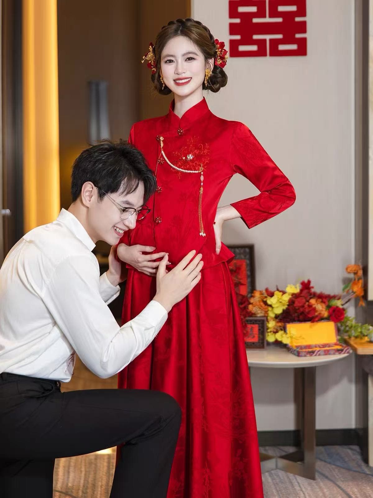 빨간색 임산부 치파오 토스트 서비스 빅 사이즈 지방 mm 표지 배 새로운 중식 참여 예복 안녕하세요. 결혼 보여주기 와우 신부 세트 상세 이미지 1