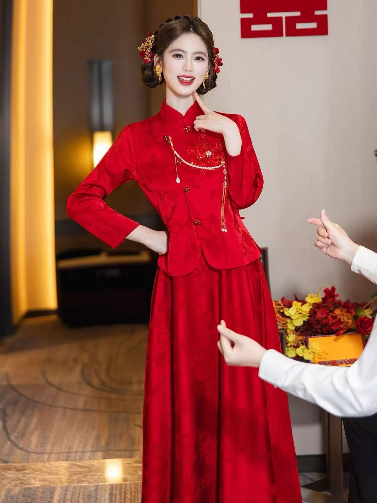 빨간색 임산부 치파오 토스트 서비스 빅 사이즈 지방 mm 표지 배 새로운 중식 참여 예복 안녕하세요. 결혼 보여주기 와우 신부 세트 상세 이미지 3