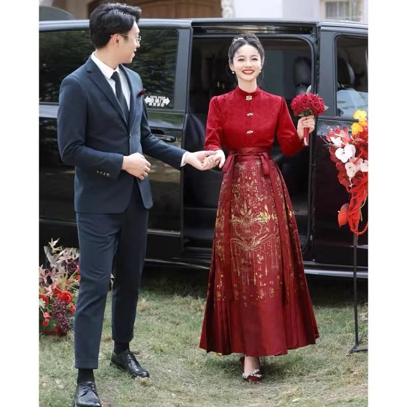 빨간색 토스트 서비스 신부 고급 센스 2026 새로운 새로운 중식 말 얼굴 치마 세트 보통 웨어러블 상세 이미지 1