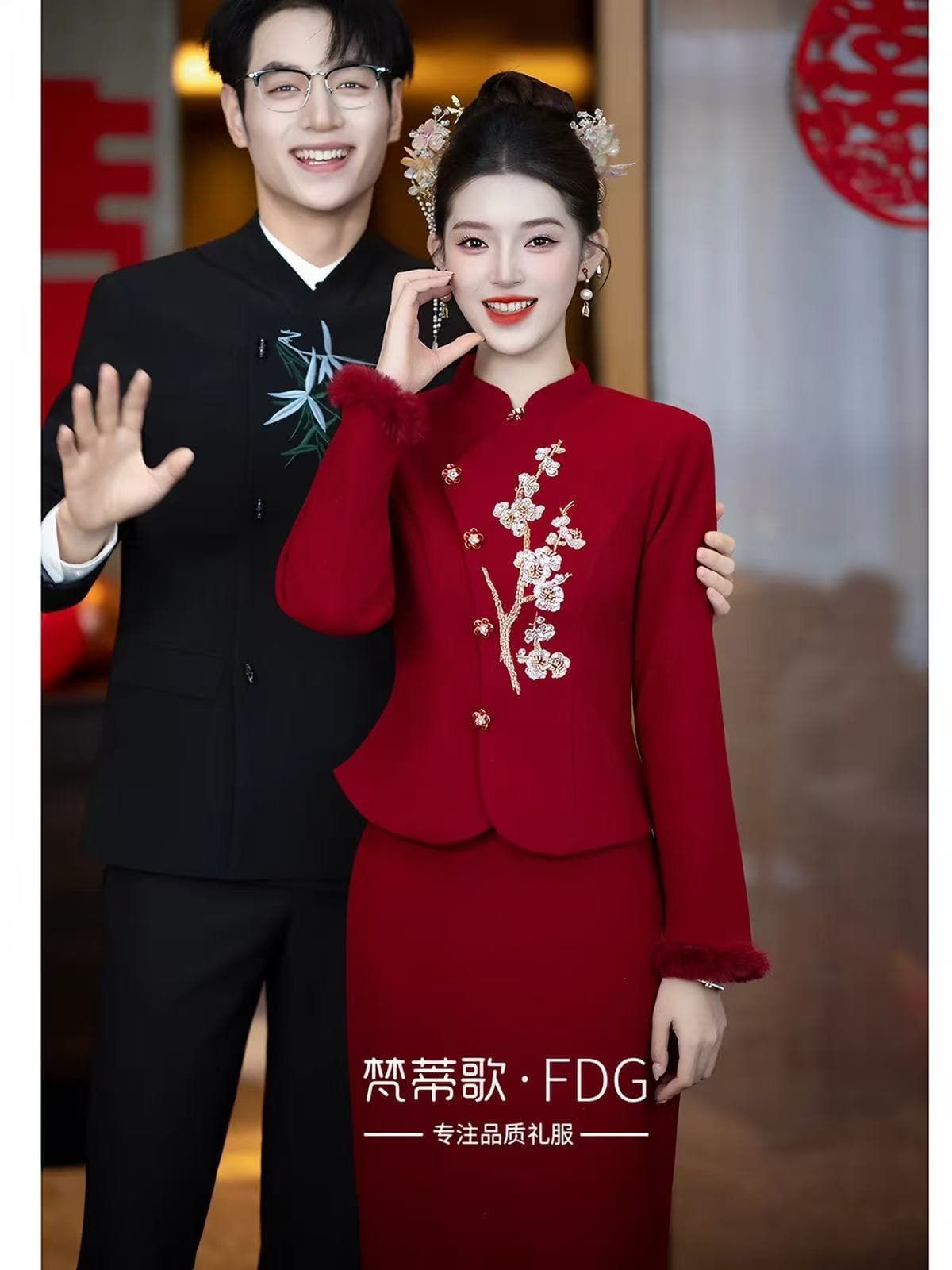 2026 새로운 중식 신부 결혼 토스트 서비스 고급 센스 빨간색 치파오 투피스 세트 뒷문 참여 예복 여성 상세 이미지 2