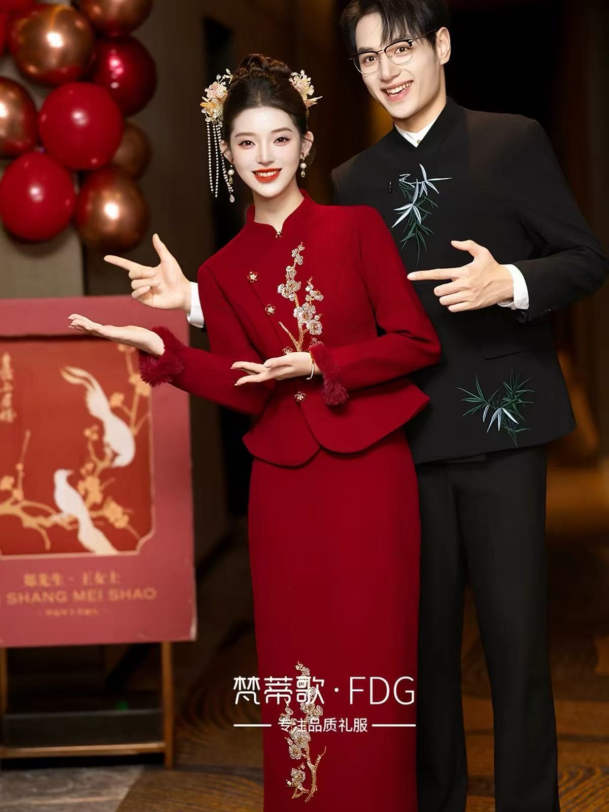 2026 새로운 중식 신부 결혼 토스트 서비스 고급 센스 빨간색 치파오 투피스 세트 뒷문 참여 예복 여성 상세 이미지 3