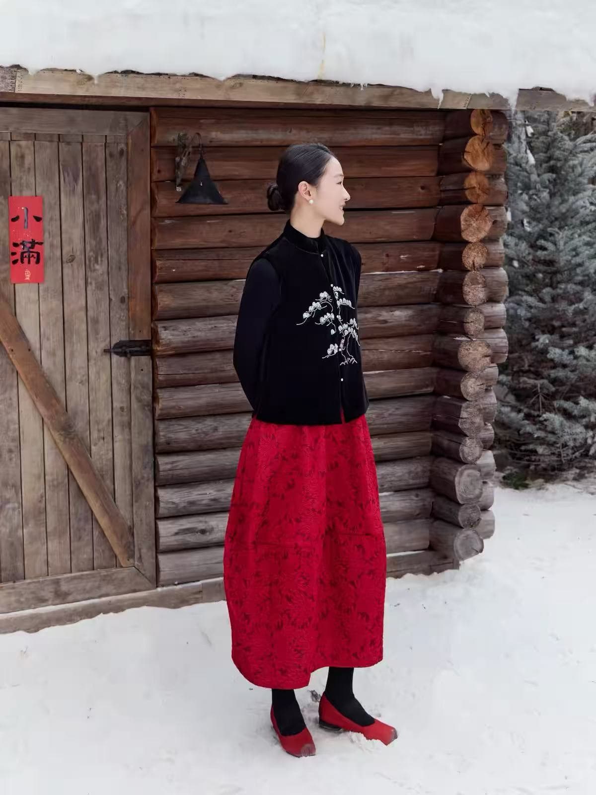 구슬 자수 벨벳 베스트 럭키 샤오홍 치마 새로운 중식 빨간색 자카드 반신 빨간색 치마 상세 이미지 5