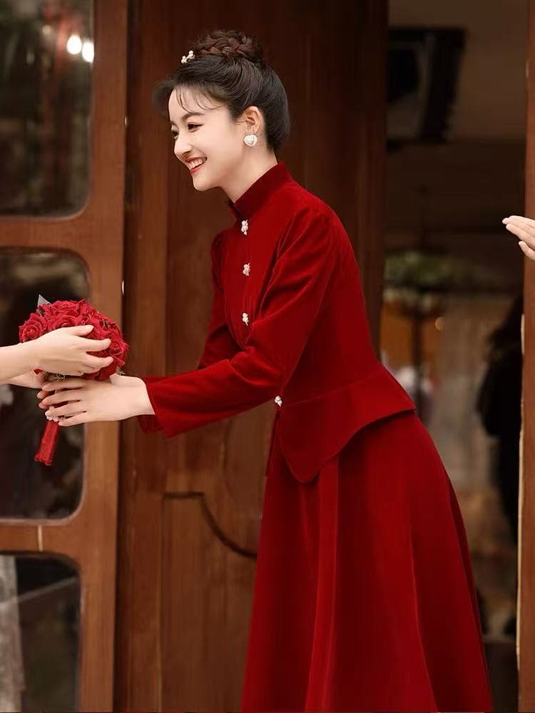 토스트 서비스 신부 2026 새로운 긴팔 중식 가을 겨울철 참여 예복 치마 여성 뒷문 빨간색 옷 겨울 이미지 4