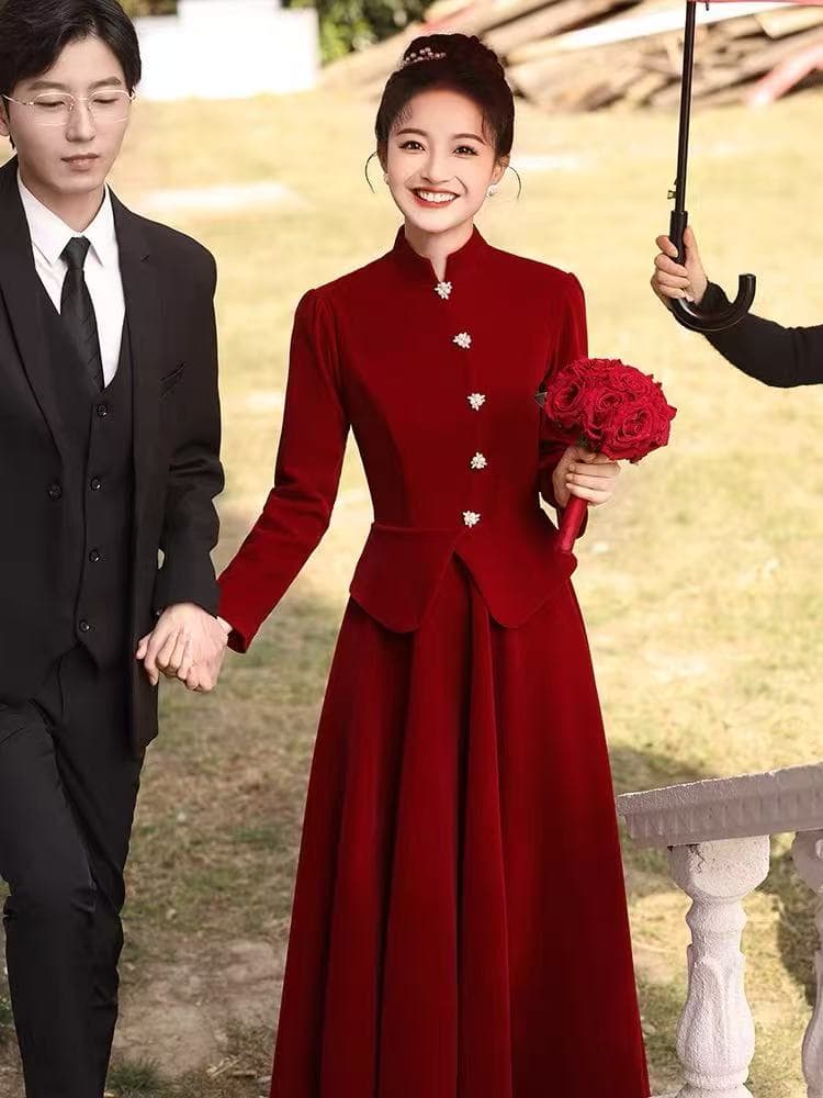 토스트 서비스 신부 2026 새로운 긴팔 중식 가을 겨울철 참여 예복 치마 여성 뒷문 빨간색 옷 겨울 상세 이미지 5