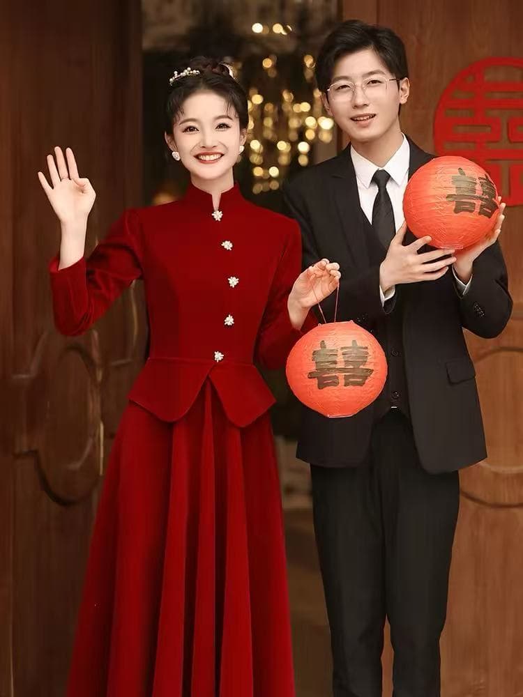 토스트 서비스 신부 2026 새로운 긴팔 중식 가을 겨울철 참여 예복 치마 여성 뒷문 빨간색 옷 겨울 상세 이미지 6