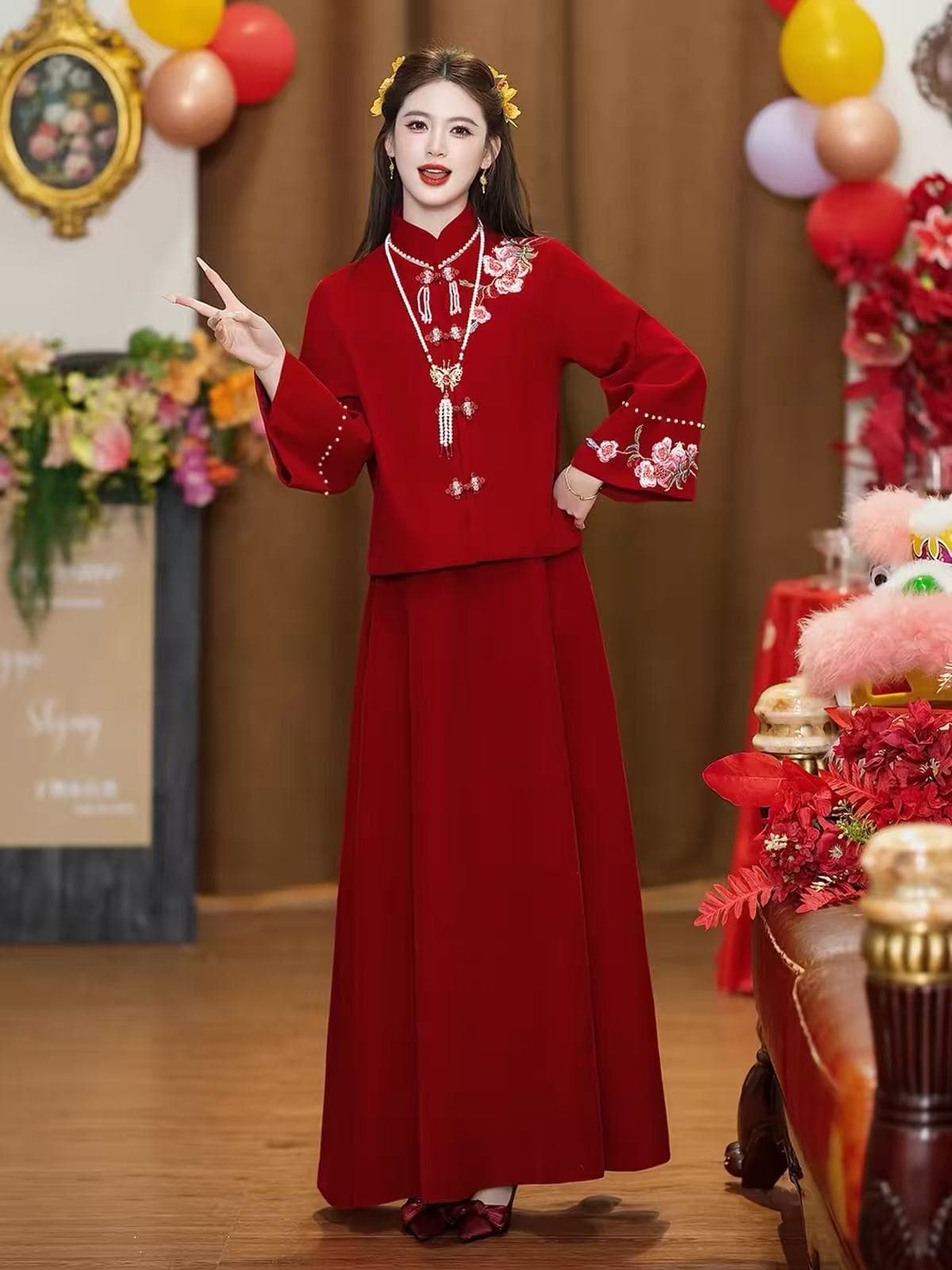 새로운 중식 토스트 서비스 신부 2026 새로운 와인 레드 치파오 결혼 예복 고급 센스 캐비닛에서 참여 예복 상세 이미지 2