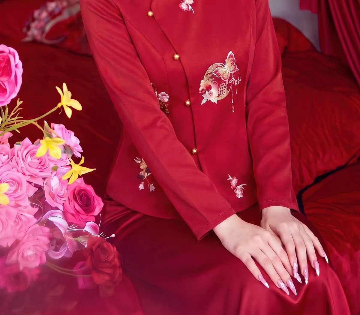 아이 시 네온 棠 꽃 새로운 중식 국풍 자수 토스트 서비스 치파오 신부 빨간색 레트로 뒷문 참여 서비스 상세 이미지 3