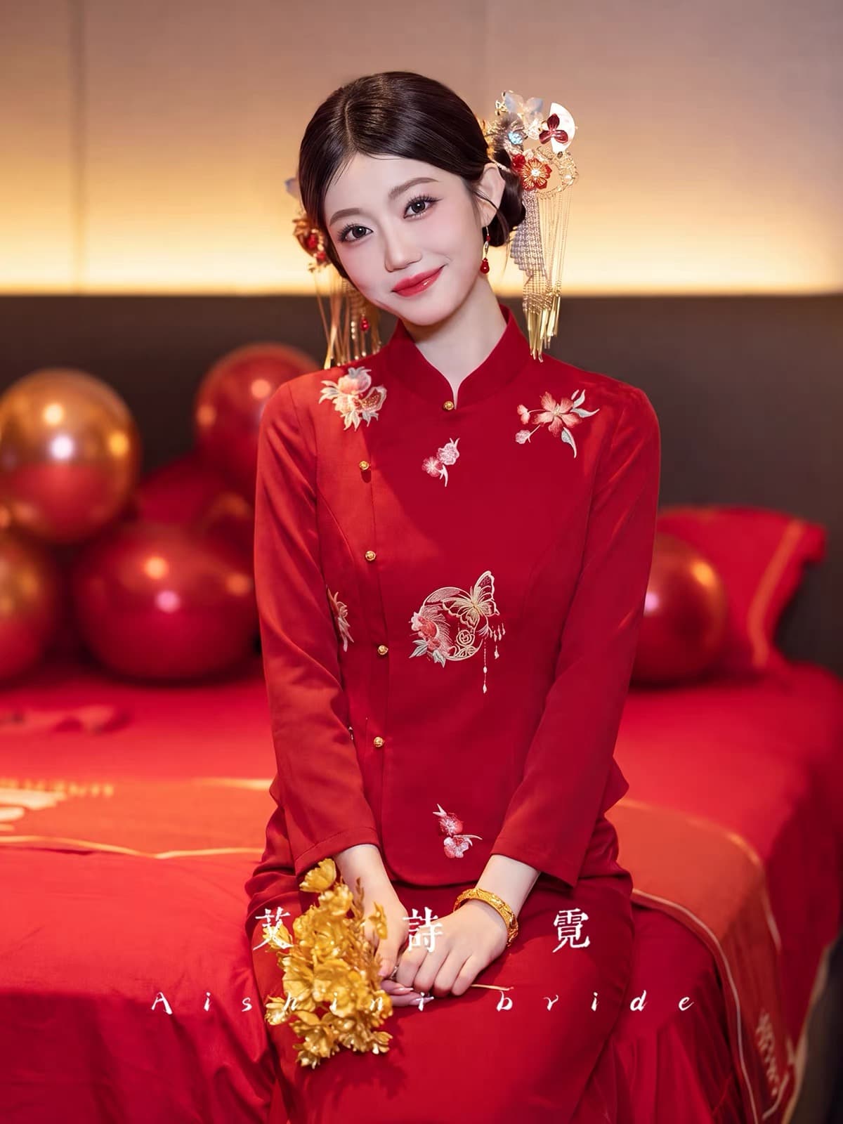 아이 시 네온 棠 꽃 새로운 중식 국풍 자수 토스트 서비스 치파오 신부 빨간색 레트로 뒷문 참여 서비스 상세 이미지 10