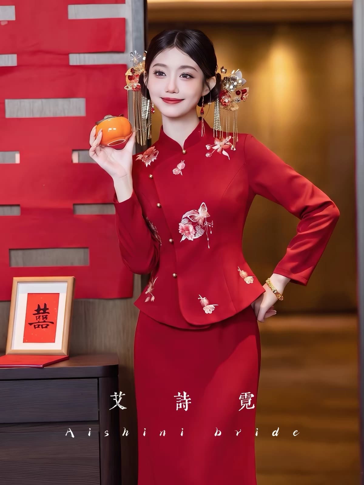 아이 시 네온 棠 꽃 새로운 중식 국풍 자수 토스트 서비스 치파오 신부 빨간색 레트로 뒷문 참여 서비스 상세 이미지 11