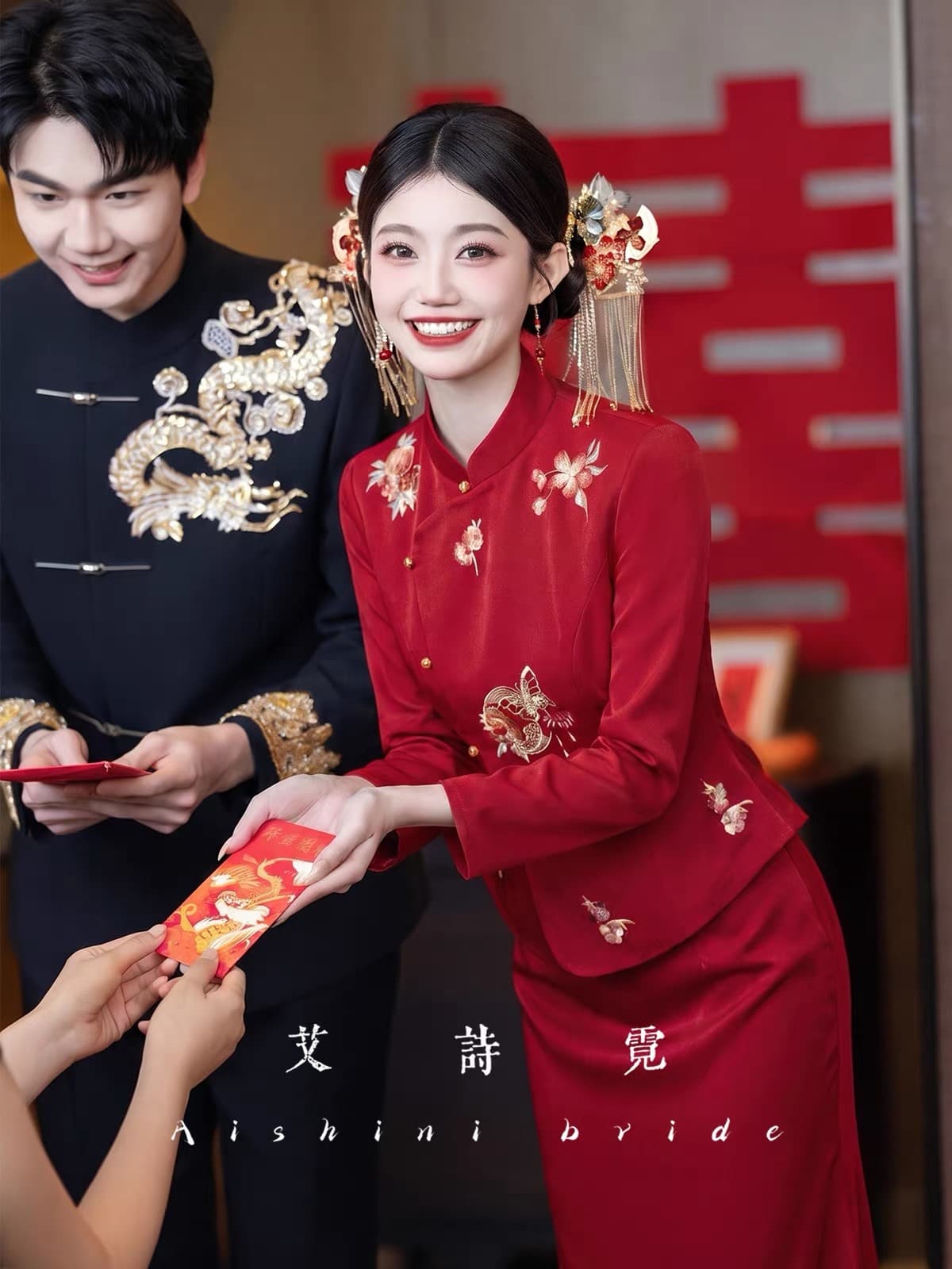 아이 시 네온 棠 꽃 새로운 중식 국풍 자수 토스트 서비스 치파오 신부 빨간색 레트로 뒷문 참여 서비스 상세 이미지 12