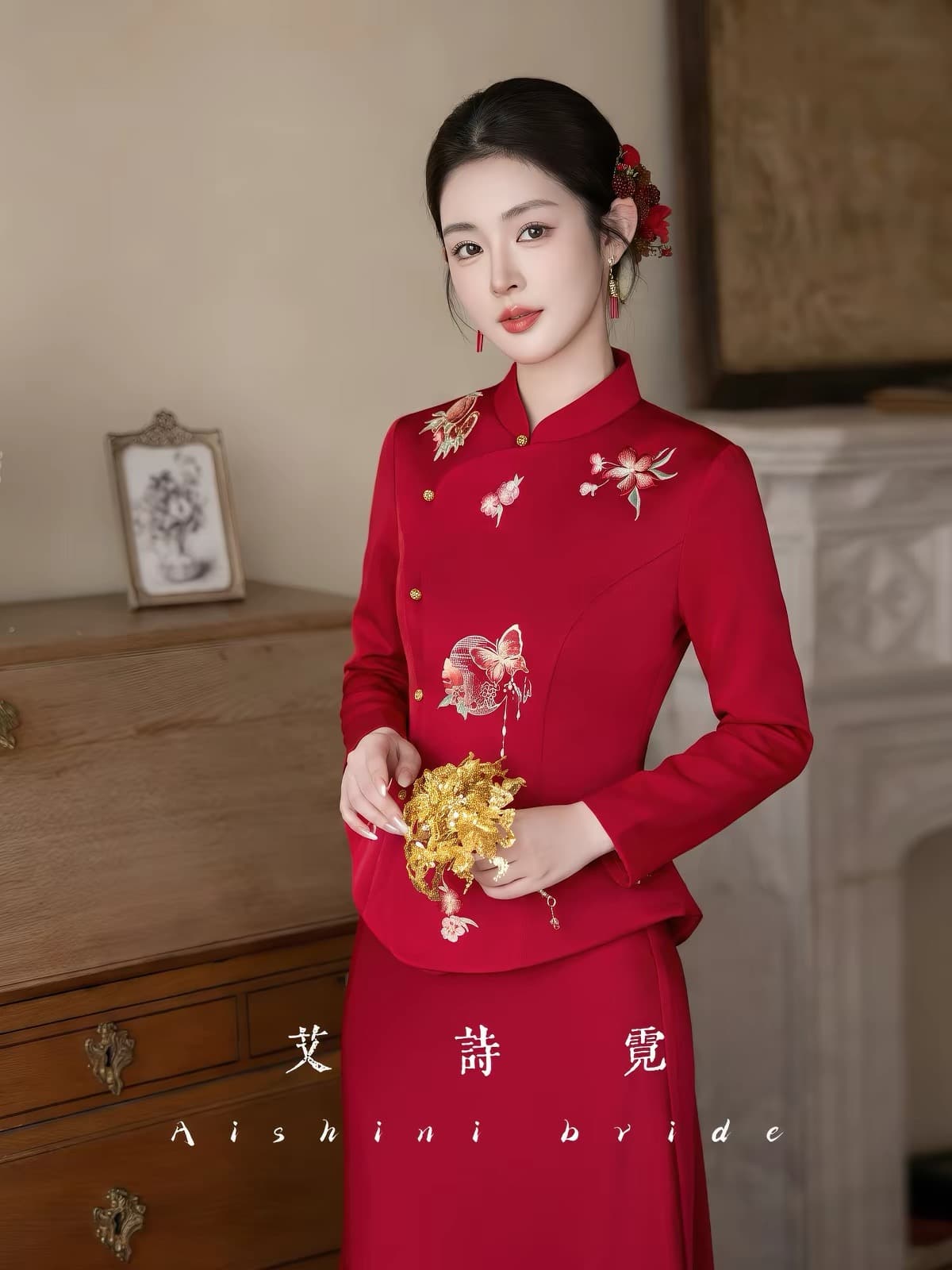 아이 시 네온 棠 꽃 새로운 중식 국풍 자수 토스트 서비스 치파오 신부 빨간색 레트로 뒷문 참여 서비스 상세 이미지 3