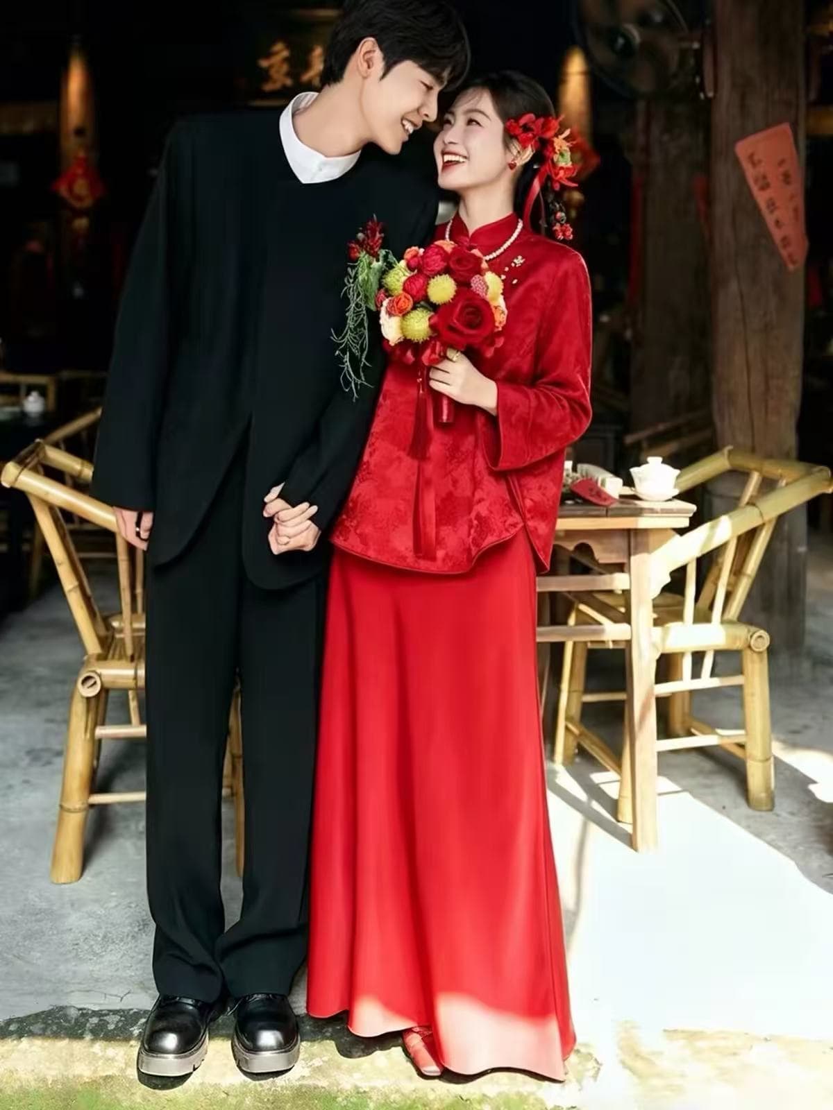 새로운 중식 빨간색 임산부 치파오 토스트 서비스 신부 결혼 참여 예복 빅 사이즈 지방 mm 표지 배 안녕하세요. 결혼 긴팔