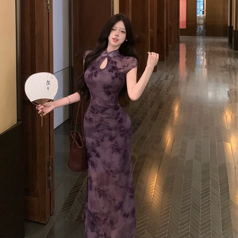 새로운 중식 레트로 국풍 개선 치파오 드레스 몸매 가꾸기 슬림해 보이는 우아함 품격 반소매 타이트 스커트 인어 꼬리 롱 스커트 이미지 3