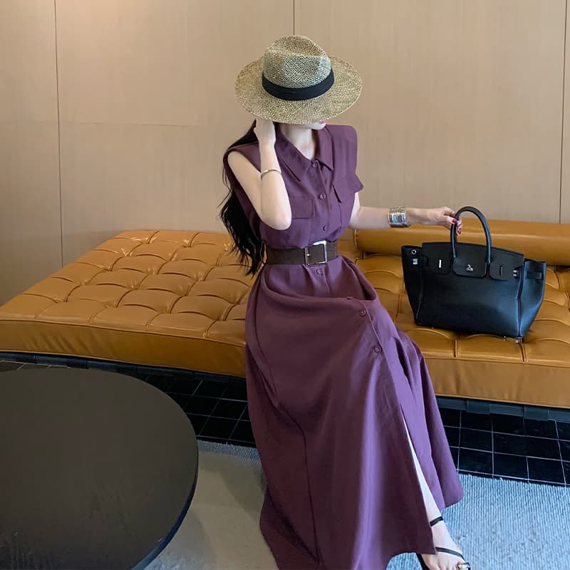 프랑스식 레트로 디자인 센스 품격 미니멀리즘 민소매 셔츠 허리 수축 드레스 벨트 포함 고급 센스 슬림해 보이는 롱 스커트 이미지 5