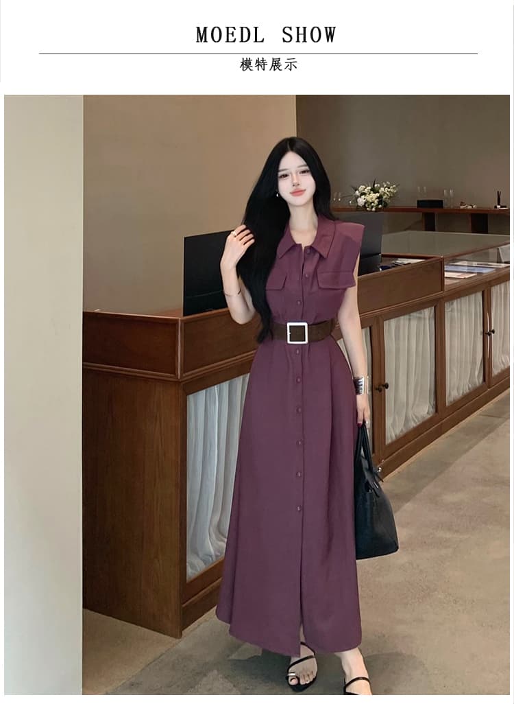 프랑스식 레트로 디자인 센스 품격 미니멀리즘 민소매 셔츠 허리 수축 드레스 벨트 포함 고급 센스 슬림해 보이는 롱 스커트 상세 이미지 6