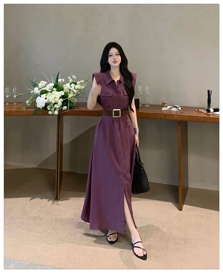 프랑스식 레트로 디자인 센스 품격 미니멀리즘 민소매 셔츠 허리 수축 드레스 벨트 포함 고급 센스 슬림해 보이는 롱 스커트 상세 이미지 7
