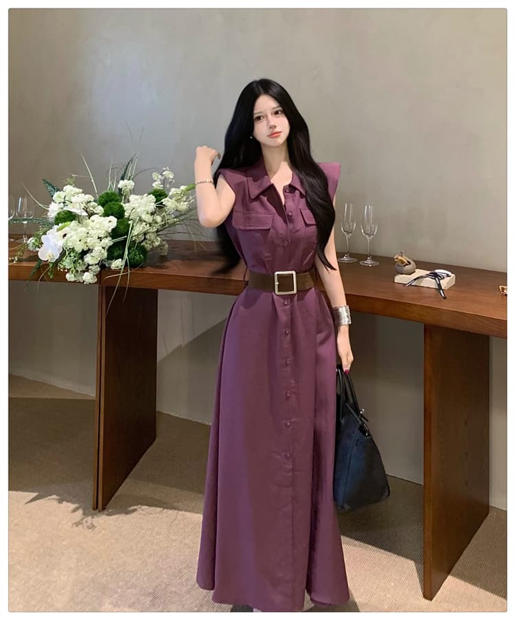 프랑스식 레트로 디자인 센스 품격 미니멀리즘 민소매 셔츠 허리 수축 드레스 벨트 포함 고급 센스 슬림해 보이는 롱 스커트 상세 이미지 10
