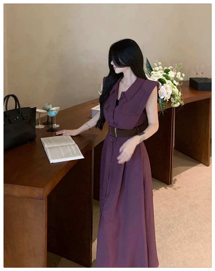 프랑스식 레트로 디자인 센스 품격 미니멀리즘 민소매 셔츠 허리 수축 드레스 벨트 포함 고급 센스 슬림해 보이는 롱 스커트 상세 이미지 13