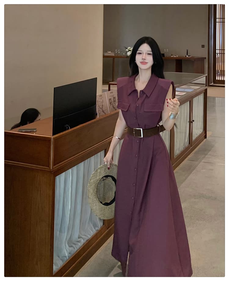 프랑스식 레트로 디자인 센스 품격 미니멀리즘 민소매 셔츠 허리 수축 드레스 벨트 포함 고급 센스 슬림해 보이는 롱 스커트 상세 이미지 18