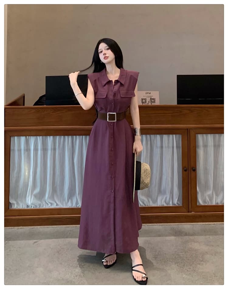 프랑스식 레트로 디자인 센스 품격 미니멀리즘 민소매 셔츠 허리 수축 드레스 벨트 포함 고급 센스 슬림해 보이는 롱 스커트 상세 이미지 19