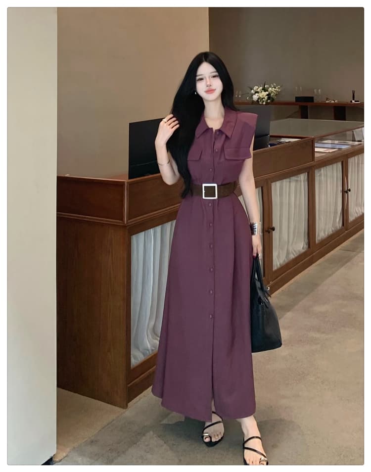 프랑스식 레트로 디자인 센스 품격 미니멀리즘 민소매 셔츠 허리 수축 드레스 벨트 포함 고급 센스 슬림해 보이는 롱 스커트 상세 이미지 24
