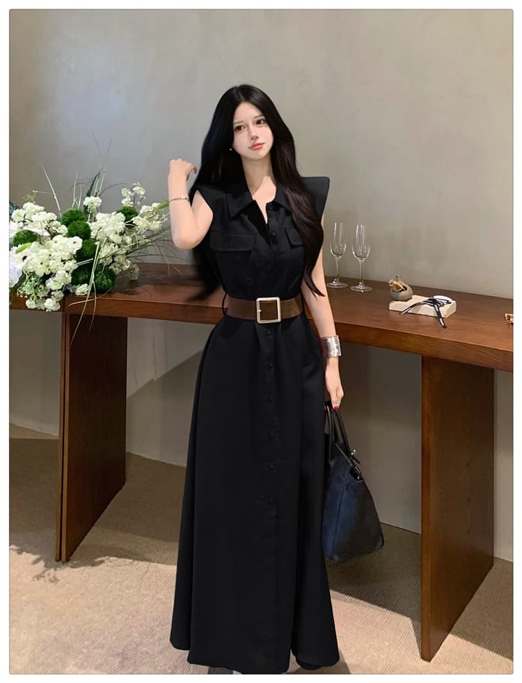 프랑스식 레트로 디자인 센스 품격 미니멀리즘 민소매 셔츠 허리 수축 드레스 벨트 포함 고급 센스 슬림해 보이는 롱 스커트 상세 이미지 28