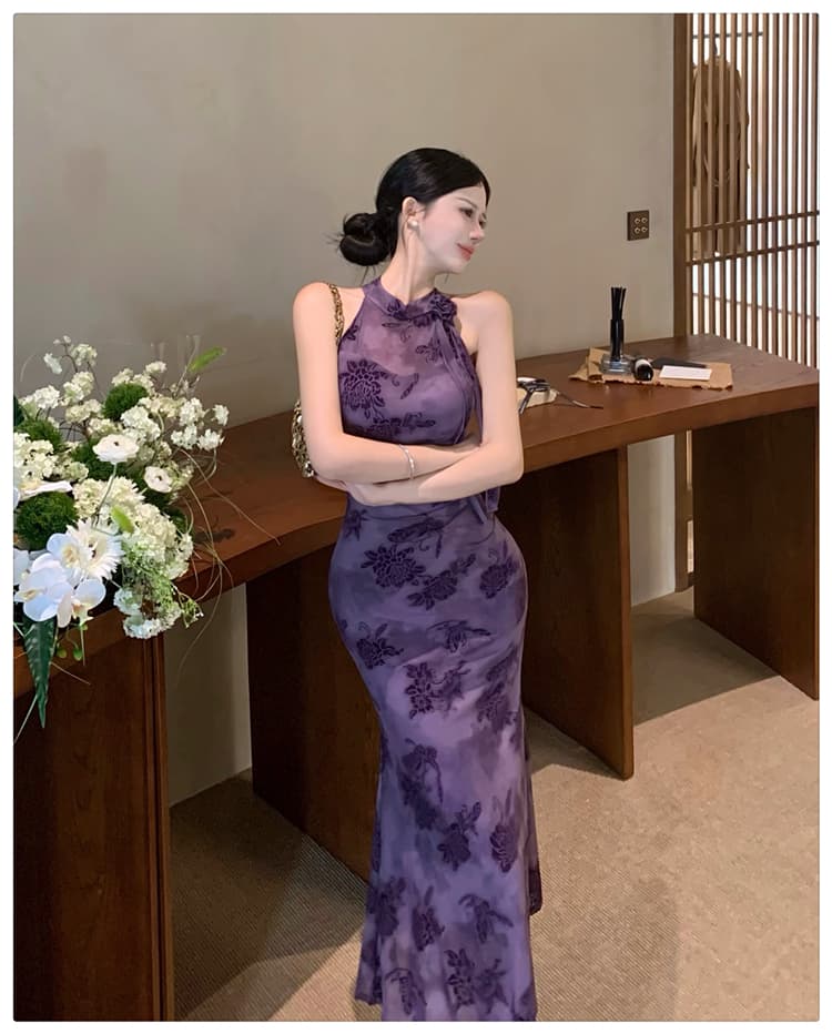 새로운 중식 개선 치파오 드레스 식물 플러시 꽃 신축성 망사 타이트 스커트 인어 꼬리 롱 스커트 여성 품격 디스플레이 몸 상세 이미지 14