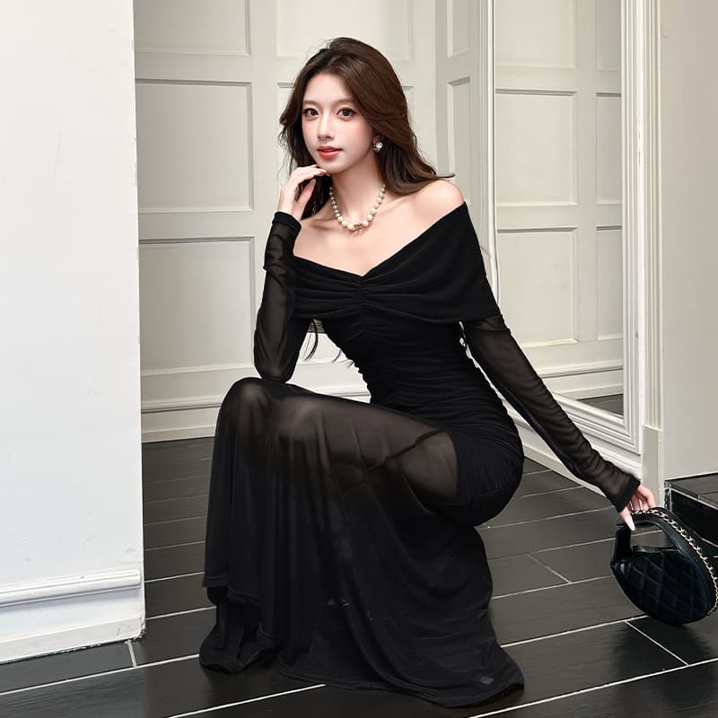 2026 가을 새로운 고급 센스 우아함 오프숄더 긴팔 망사 인어 꼬리 드레스 작은 대중 예복 롱 스커트 이미지 3