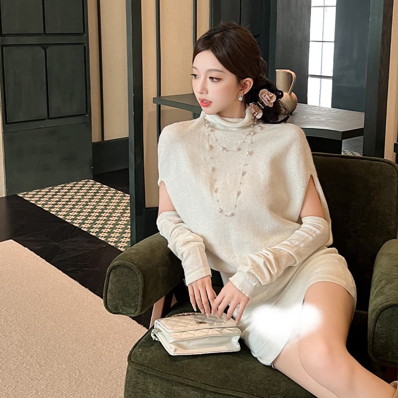 2026 가을 겨울 새로운 한 부서 자매 고급 망토 니트 드레스 소매 커버 타이트 스커트 미니 스커트 순수한 욕망 바람 이미지 6